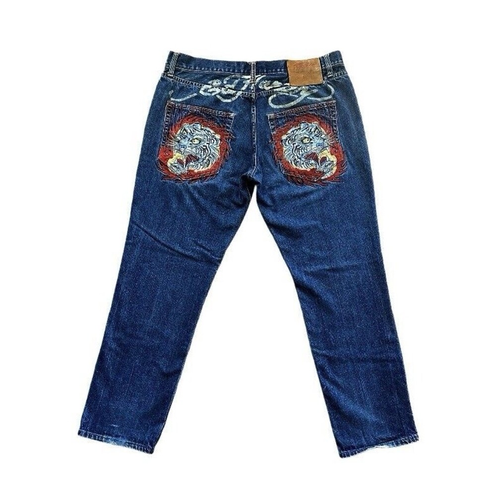Y2K Ed Hardy Christian Audigier White Tiger Embroidered Button Fly Jeans